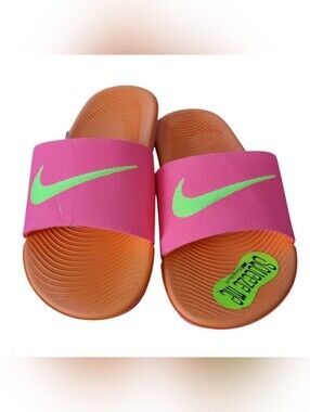 Nike Pink & Green Slide Sandals on Orange Footbed